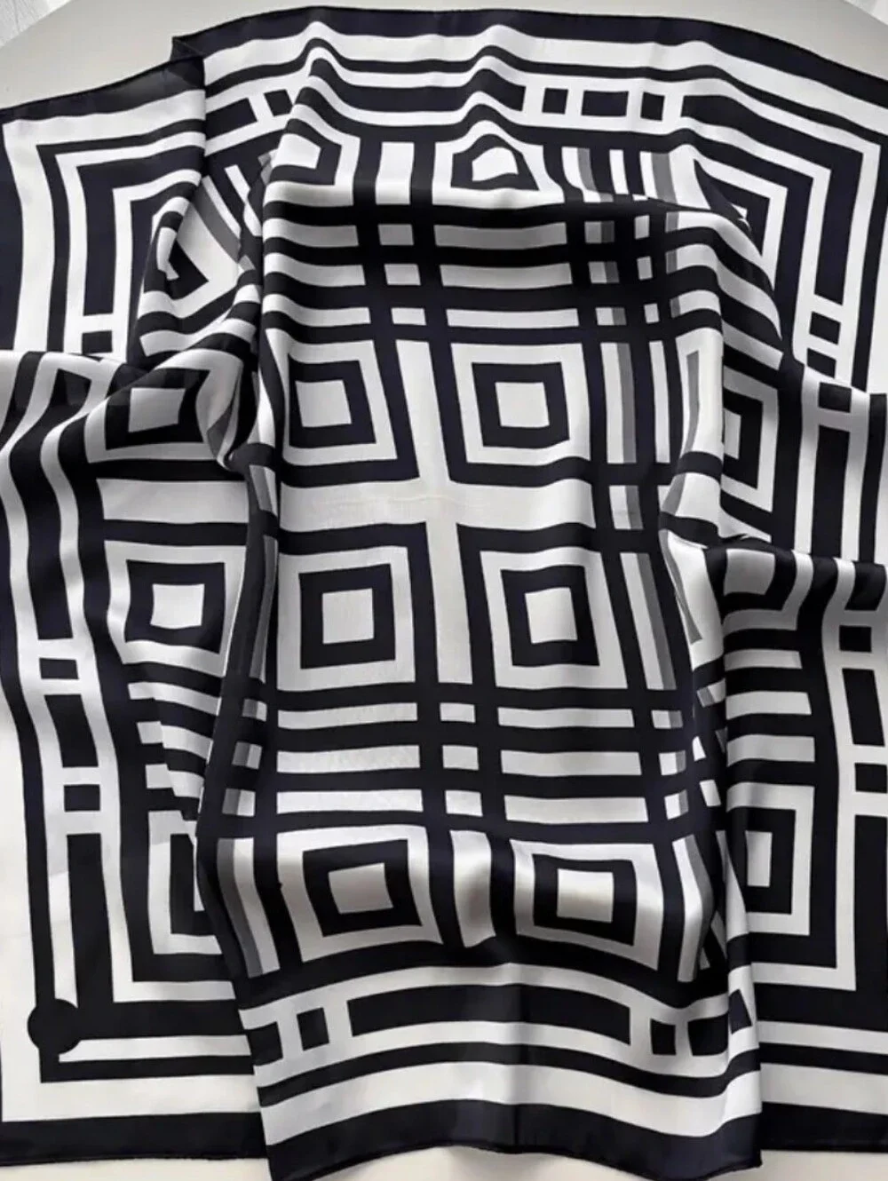 Silk-feel Black & White Geometric Women's Head Scarf , Neck Scarf